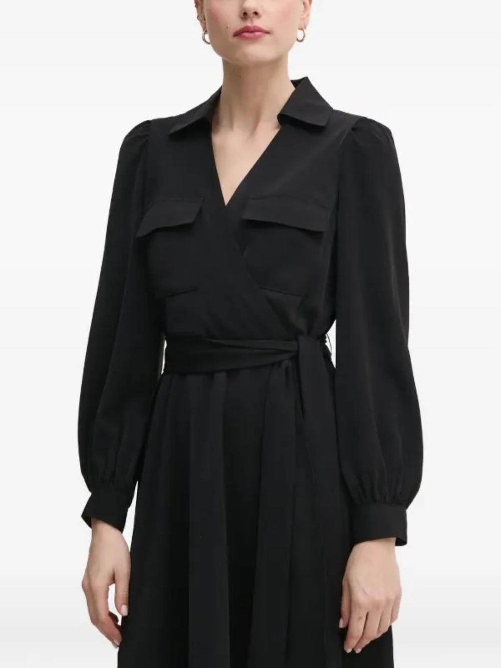 DKNY Wrap Front Long Sleeve Mini Dress Black Tie Waist Collared Size 12 - Picture 2 of 4